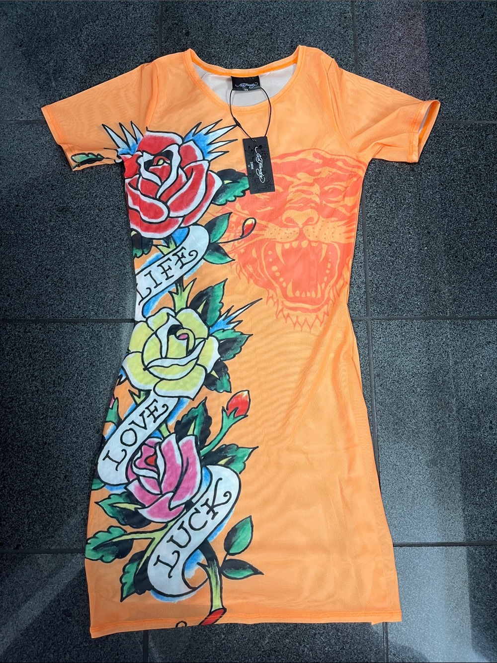 Ed Hardy Orange Floral Tattoo-Print Swim Coverup Dress Runs Smaller